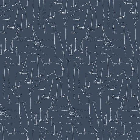 York Vermillion Coast Ultramarine wallpaper with white sailboat outlines on navy blue.