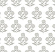 Souci Grey Marigolds Wallpaper by Antonina Vella with repeating grey floral block print on white, 27 in x 27 ft roll