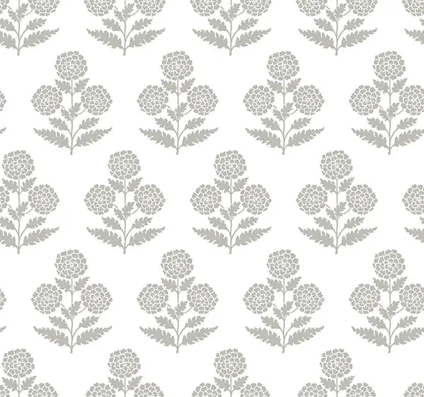 Souci Grey Marigolds Wallpaper by Antonina Vella with repeating grey floral block print on white, 27 in x 27 ft roll