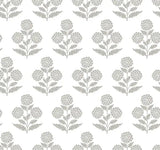 Souci Grey Marigolds Wallpaper by Antonina Vella with repeating grey floral block print on white, 27 in x 27 ft roll